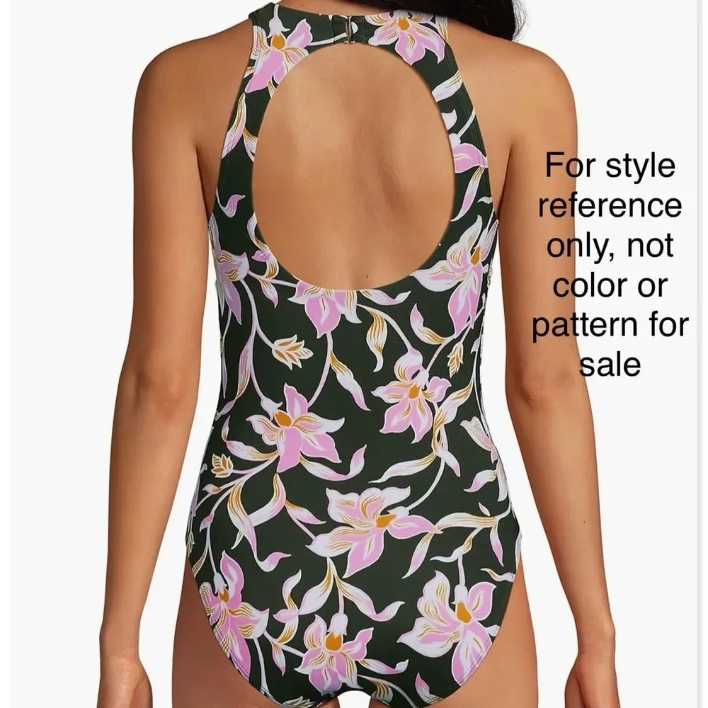 Lands End One Piece Swimsuit Colorful Patterned Bathing Suit Black Blue size 6L